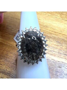 Black Rutile white topaz .925 sterling silver artisan style size 6
